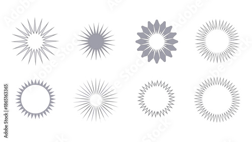 Set of eight different circular starburst and sunburst icons in a soft grey color, perfect for labels, badges, or decorative elements.