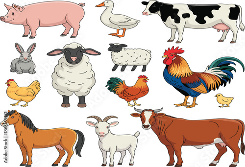 A Comprehensive Collection of Professional Flat Vector Farm Animals Including a Horse, Cow, Pig, Sheep, Goat, and Various Poultry on a White Background.