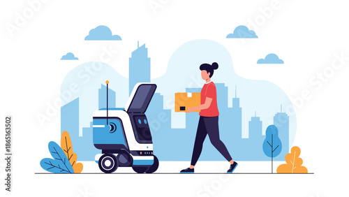 Modern autonomous delivery robot receiving a package from a woman in a busy city environment with skyscrapers in the background.