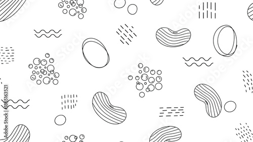Seamless pattern featuring a variety of hand-drawn abstract shapes including waves, dots, circles, and bean-like forms in black ink.