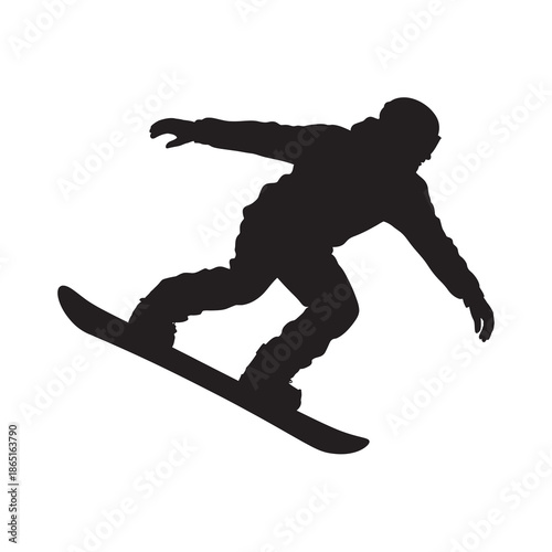 A striking black silhouette of a snowboarder carving down a slope, capturing the dynamic energy of winter sports