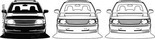 Vector illustration of three front-facing SUV car designs, one solid black and two outline versions, isolated on a white background, ideal for automotive branding or vehicle customization