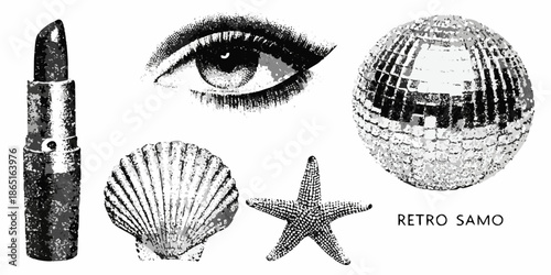A collection of vintage illustrations lipstick eye disco ball seashell and starfish