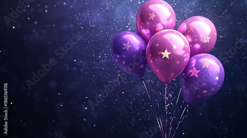 Party birthday celebration balloons purple pink stars festive bokeh image