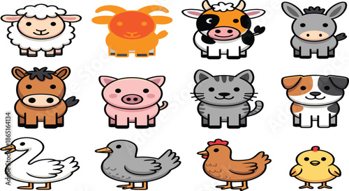 A Large Professional Vector Collection of 12 Cute Stylized Animals Including Domestic Pets and Farm Livestock with Bold Outlines and Friendly Expressions.