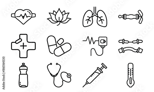 Versatile Lifestyle Icon Set Featuring Fitness Dumbbells, Blood Pressure Monitor, Calendar, Kitchen Utensils, Electric Kettle, First Aid Kit, and Decorative Tableware Collage