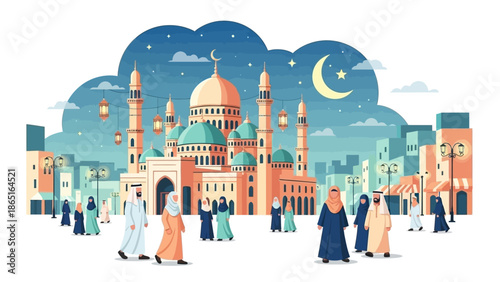 A flat vector illustration of an Islamic city at night featuring a grand mosque with domes and minarets, crescent moon and stars in the sky, glowing lanterns, and people wearing traditional Muslim clo
