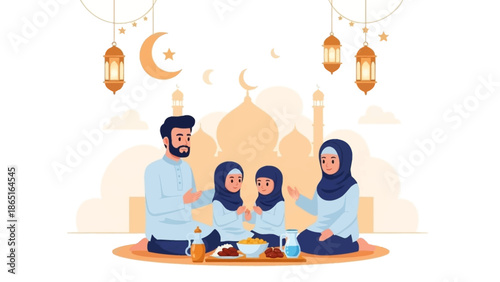 Flat illustration of a Muslim family praying and breaking fast together during Ramadan. Parents and children sit at home with iftar food, dates, and drinks, surrounded by crescent moons, lanterns