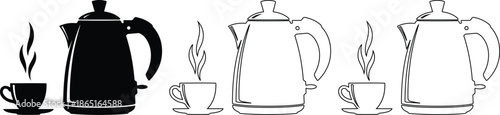 Vector illustration of a black electric kettle and a steaming cup, alongside outline versions of both, isolated on a transparent background.