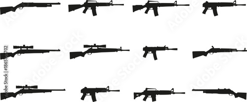 Black firearm silhouettes, rifle icons, weapon shapes, military guns, tactical rifles, sniper outlines, assault weapons, firearm collection, gun silhouettes, combat gear
