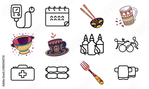 Versatile Lifestyle Icon Set Featuring Fitness Dumbbells, Blood Pressure Monitor, Calendar, Kitchen Utensils, Electric Kettle, First Aid Kit, and Decorative Tableware Collage