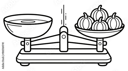 An old fashioned balance scale comparing the weight of a bowl of liquid and four small pumpkins