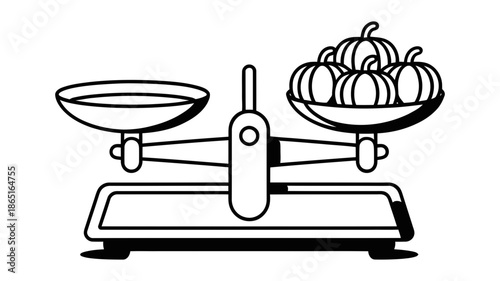 Classic balance scale measuring weight with multiple pumpkins on one side