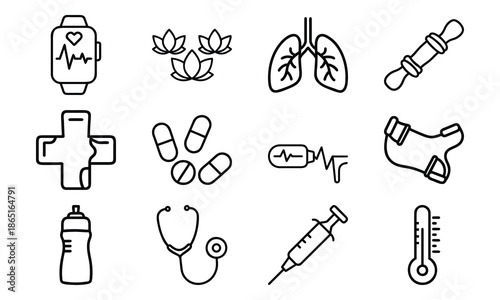 Versatile Lifestyle Icon Set Featuring Fitness Dumbbells, Blood Pressure Monitor, Calendar, Kitchen Utensils, Electric Kettle, First Aid Kit, and Decorative Tableware Collage