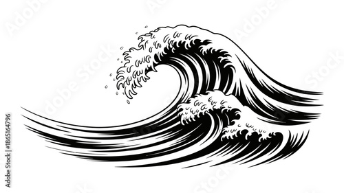 A powerful ocean wave with crashing foam, depicted in a classic black and white illustration style