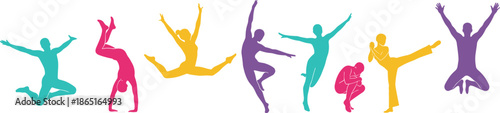 Colorful jumping human silhouettes, dynamic dance poses, energetic movement, abstract people illustration, celebration, fitness, freedom, creativity, motion, joy