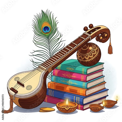 Indian Sitar on Books with Peacock Feather
