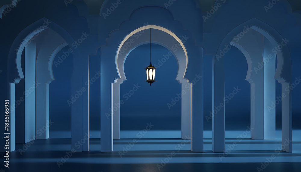 Fototapeta premium Islamic Archway Background, dark blue atmospheric lighting, hanging illuminated lantern perfect for Ramadan posters, Eid greeting cards, and product promotions