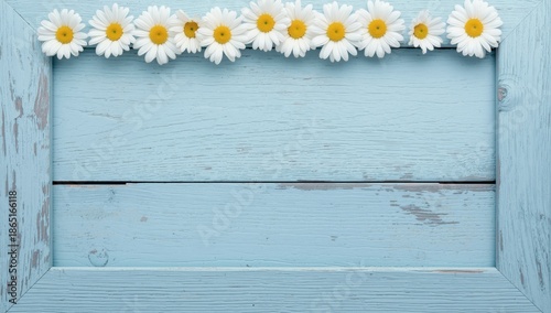 Serene White Daisies on Distressed Light Blue Wooden Background - Rustic Floral Arrangement for Spring Decor Inspiration
