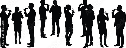 Business people silhouettes drinking wine together, corporate networking, celebration, social event, teamwork culture, professional lifestyle illustration isolated on white