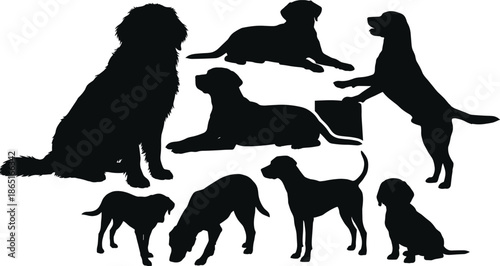 Dog silhouettes in different poses and activities, pet behavior, canine breeds, playful actions, domestic animals collection illustration isolated on white