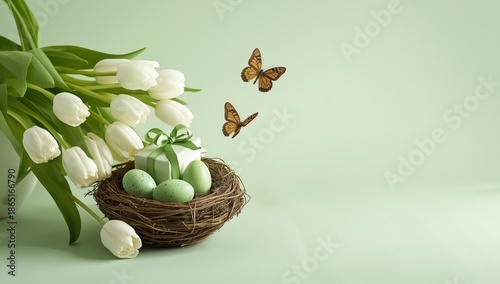 Serene white tulips nest easter eggs butterflies serene pastel green background