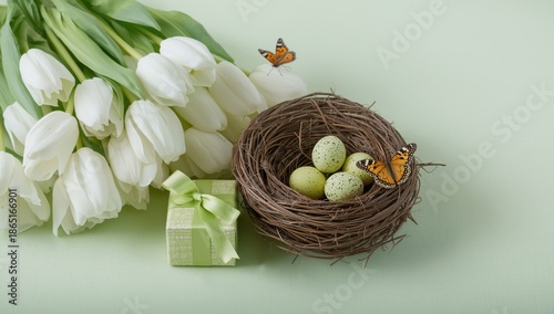 Serene Easter Scene with White Tulips, Bird's Nest, and Butterflies on Soft Green Background Gift Box
