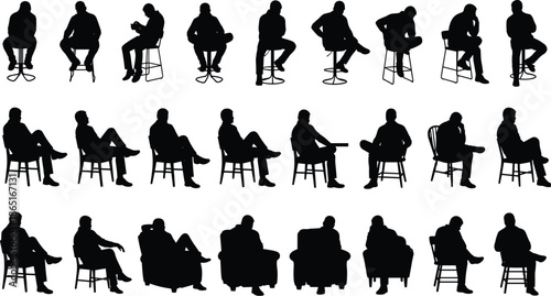 Seated people silhouettes, sitting poses collection, chair posture variety, ergonomic study reference, body language sitting, human figure seated positions
