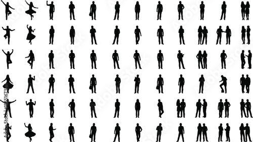 Silhouettes of diverse people in motion, walking, dancing, posing, interacting, urban lifestyle, crowd behavior, human figures, black silhouettes