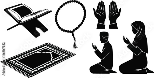  Islamic prayer symbols, , Koran, Misbaha, Tasbih, or Tasbeeh bead, mat, praying hands, man and woman kneeling and praying to Allah silhouette