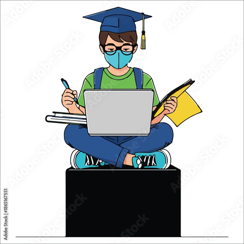 Student wearing mask and graduation cap studying on laptop with books education learning