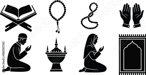  Islamic prayer symbols, , Koran, Misbaha, Tasbih, or Tasbeeh bead, mat, praying hands, man and woman kneeling and praying to Allah silhouette