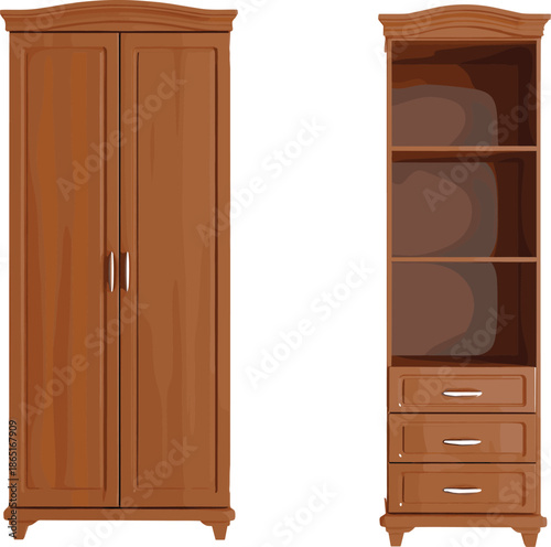 Wooden wardrobe, shelving unit, polished furniture, bedroom storage, curved top, metal handles, classic design, home decor, elegant style, interior organization