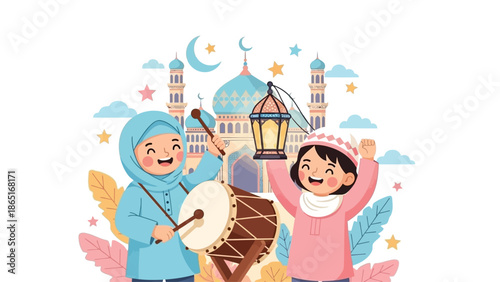Cute and cheerful illustration of Muslim children celebrating Ramadan. A smiling girl wearing hijab plays a traditional drum while a boy holds a glowing lantern, with a beautiful mosque