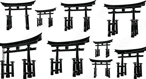 Torii gates traditional Japanese gateways silhouette icons. 