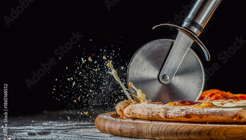 Pizza Cutter Wheel Slicing Crust with Flying Crumbs on Dark Background