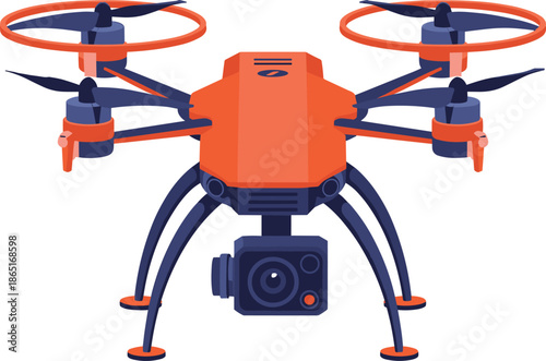Quadcopter drone illustration, aerial photography design, modern technology artwork, surveillance device drawing, recreational flying image, orange body, blue accents