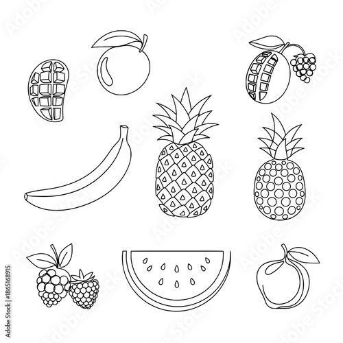 Minimal continuous line tropical fruit doodle vector elements for food branding