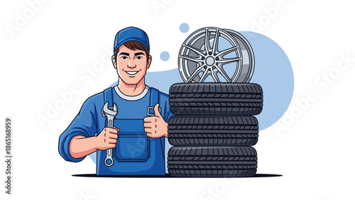 Smiling mechanic with wrench and stack of car tires illustration