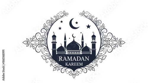 Mosque silhouette with crescent moon and floral ornamental frame