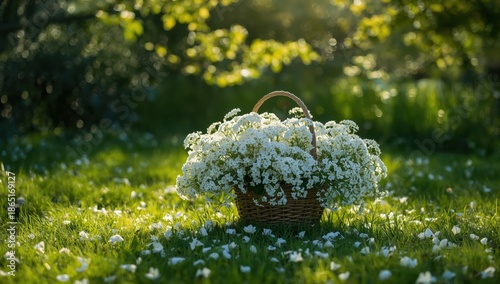 Serene Wicker Basket Overflowing with White Baby's Breath Flowers in Lush Green Meadow under Soft Natural Light