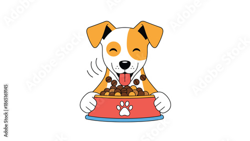 Happy cartoon dog eating dry food from a red bowl