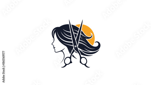 Salon logo with woman profile long hair and scissors