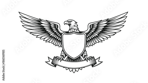 Eagle with spread wings holding shield and ribbon banner