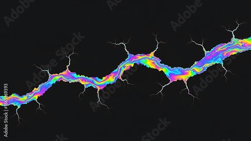 Rainbow lightning crack through dark surface abstract