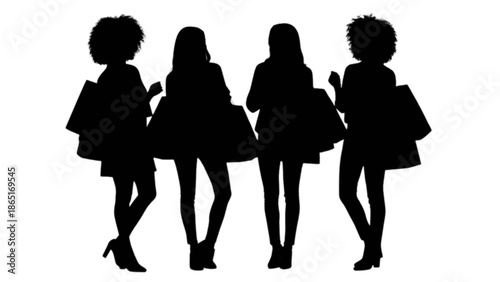 A diverse group of four female silhouettes enjoying a day of retail therapy with shopping bags