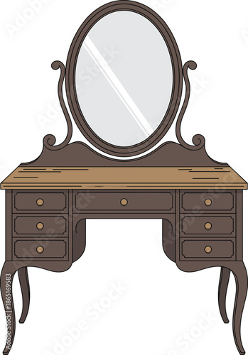 Vintage vanity table, wooden furniture, oval mirror, antique drawers, bedroom decor, dressing table, elegant design, classic style, ornate legs, interior