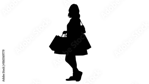 Silhouette of a woman carrying multiple shopping bags and a purse on a white background