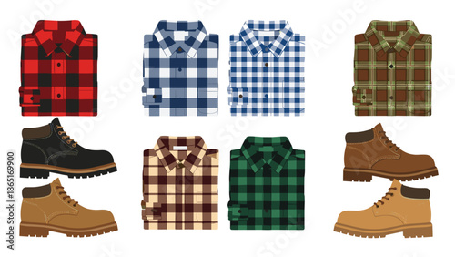 Collection of folded lumberjack style plaid flannel shirts in red, blue, and green alongside robust brown and black work boots.