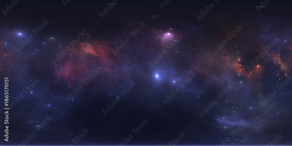 Fototapeta premium 360 degree space nebula. Giant interstellar cloud with stars, equirectangular projection, environment map. Spherical panorama. 3D rendering, Fractal image
